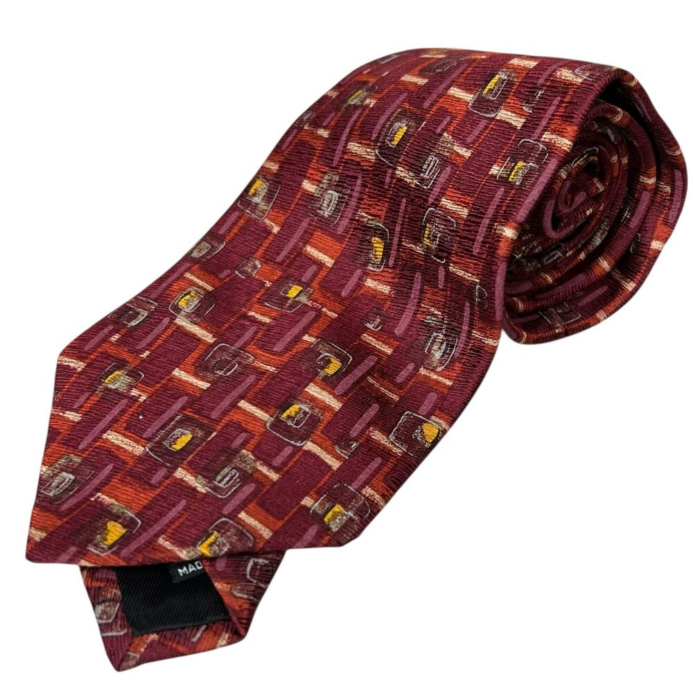 Boss Hugo Boss Neck Tie Mens‎ Maroon Orange Silk Geometric Classic Preppy Italy